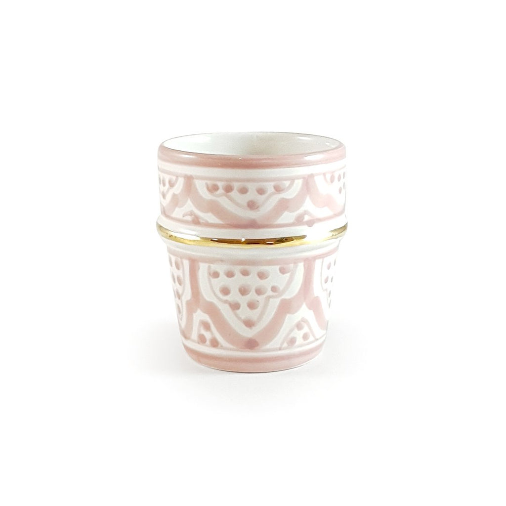 Espresso ceramic coffee cup, hand painted in light pink color with traditional Moroccan zwak designs, handmade in Morocco, ELSINIYA