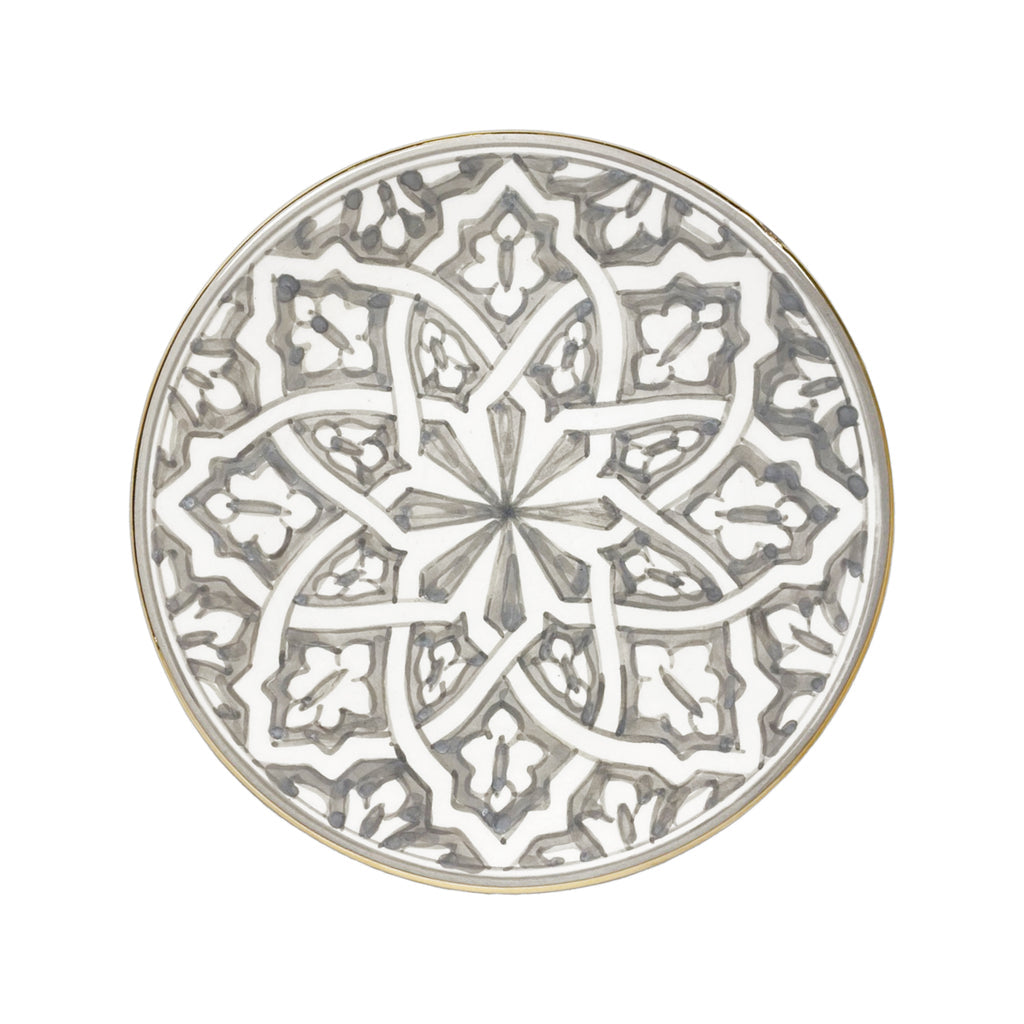 Large ceramic dinner & salad plate, hand painted in grey color with traditional Moroccan fassia designs, Diameter 26cm, handmade in Morocco, ELSINIYA