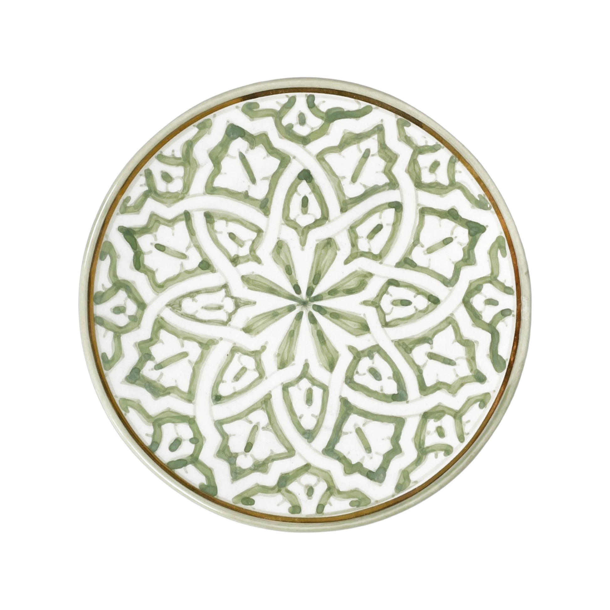 Medium ceramic dinner & salad plate, hand painted in sage green color with traditional Moroccan fassia designs, Diameter 20cm, handmade in Morocco, ELSINIYA