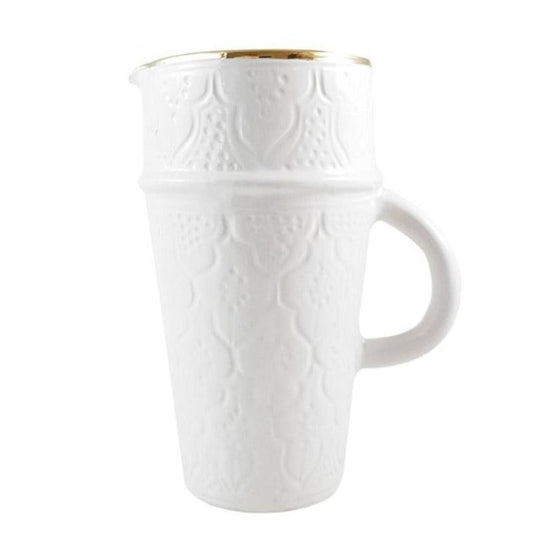 Ceramic pitcher for water, juices, Iced tea, white colour, engraved by hand with traditional Moroccan designs and 12 carat gold, Diameter 11cm Height 21cm, handmade in Morocco, ELSINIYA