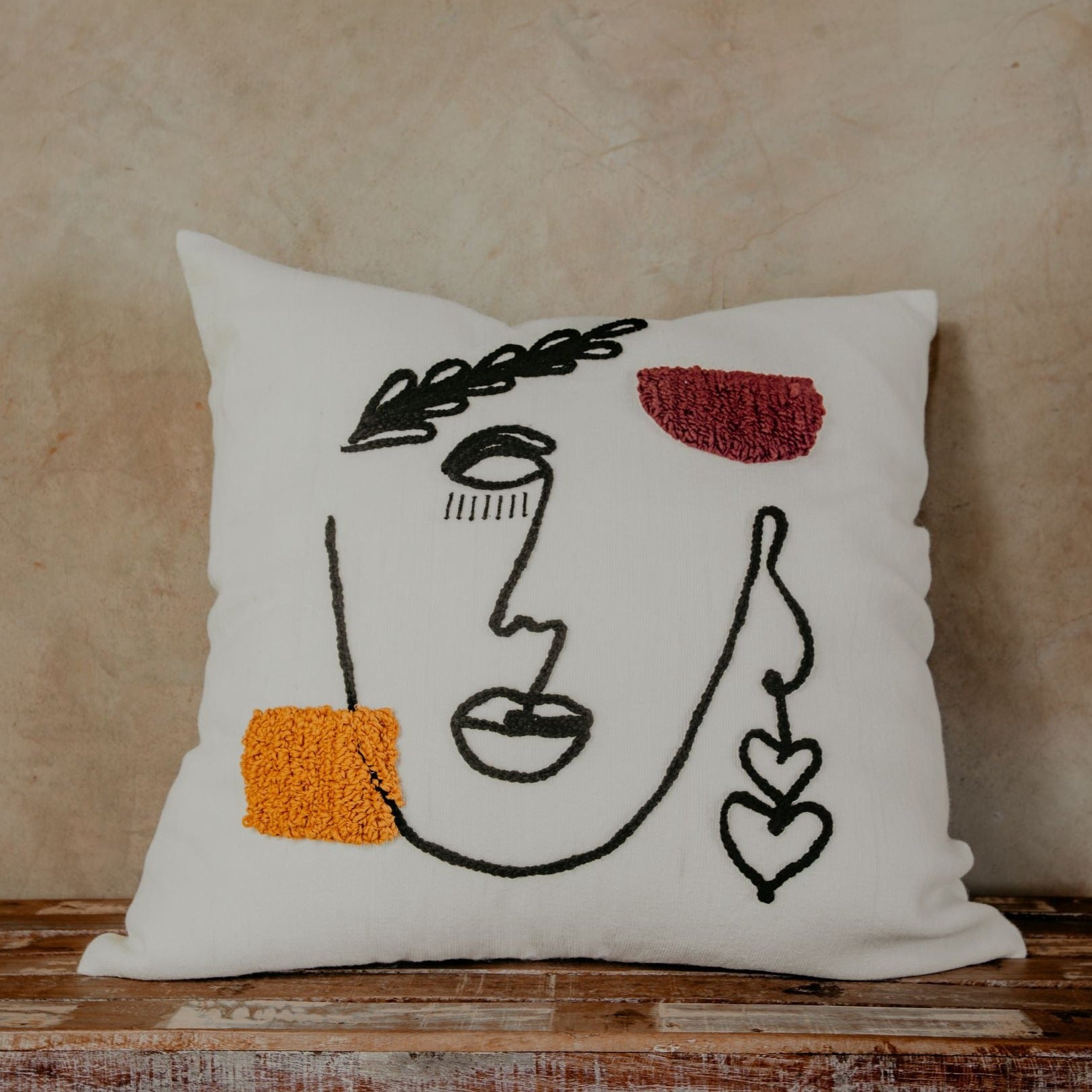 Hand loomed decorative accent pillow, embroidered abstract face design, 100% cotton with embroidered wool, handmade in Morocco, ELSINIYA