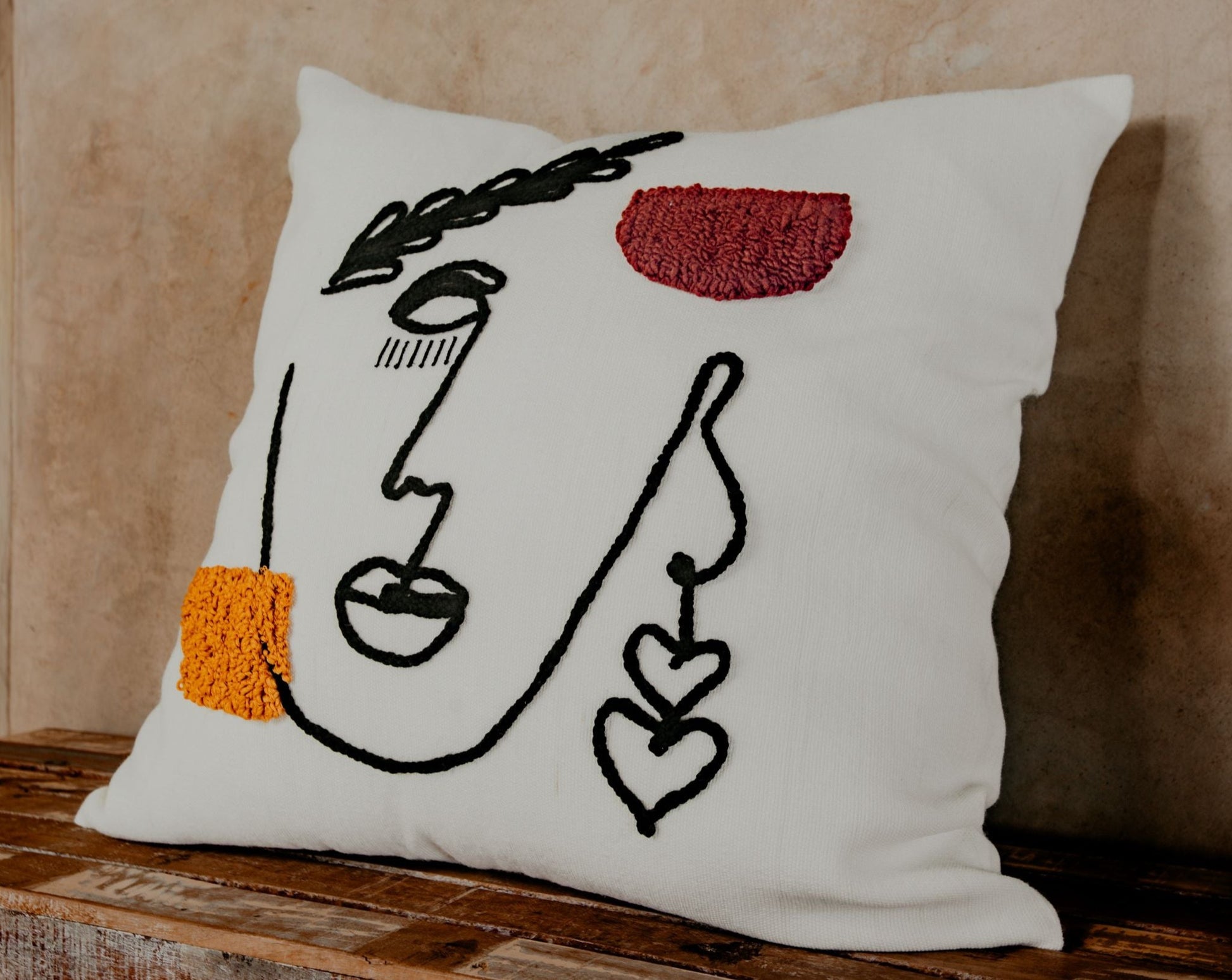 Hand loomed decorative accent pillow, embroidered abstract face design, 100% cotton with embroidered wool, handmade in Morocco, ELSINIYA