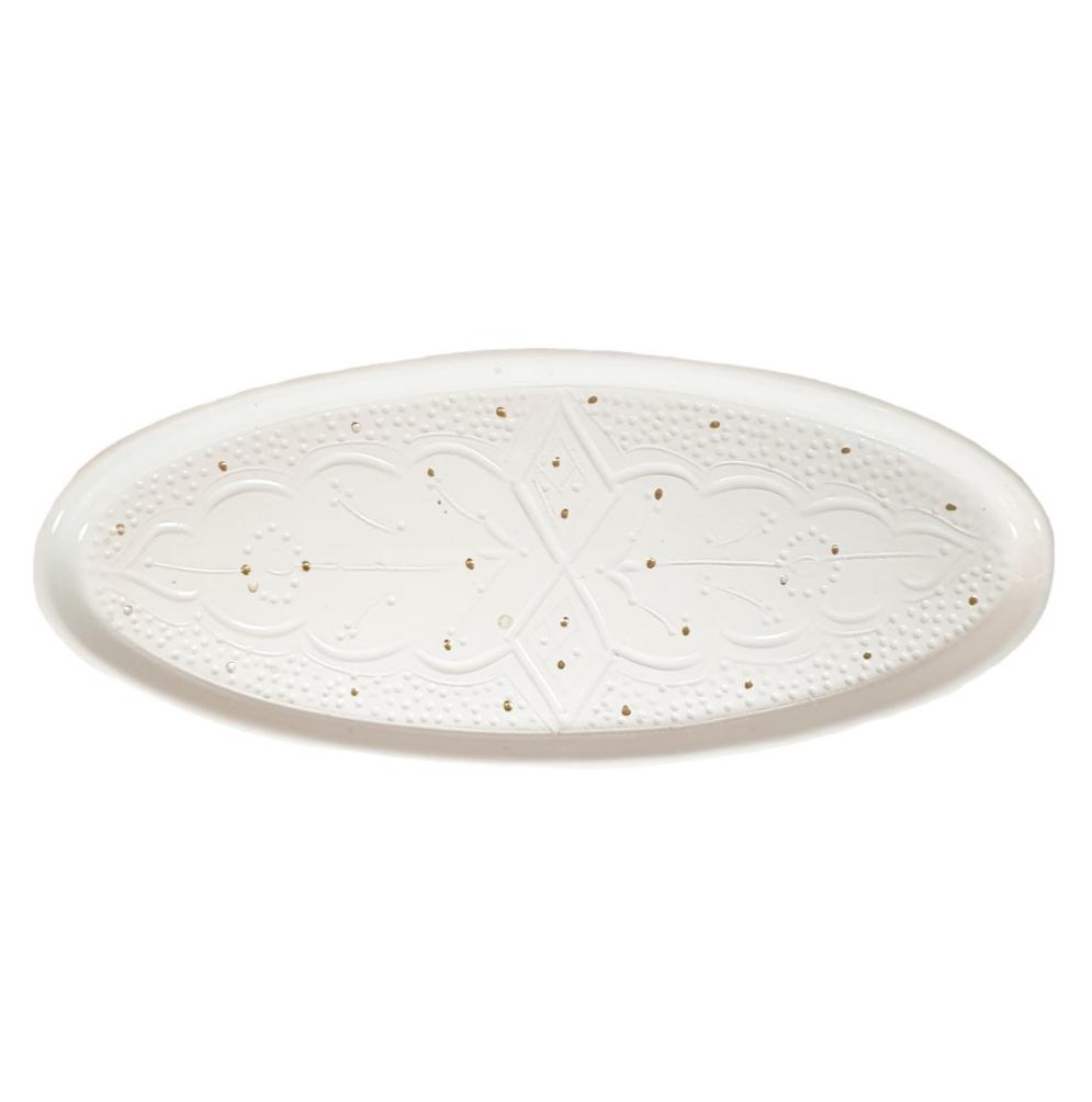 Oval Ceramic serving platter, White color, engraved by hand with traditional Moroccan designs and 12 carat gold, width 12cm Length 31cm, handmade in Morocco, ELSINIYA