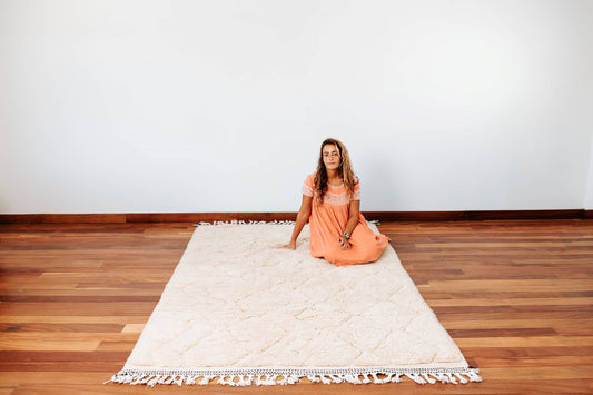 Beni Ourain tribal rug, featuring a mix of knot weaving and flat weaving technique, handmade in Morocco using organic sheep wool from the Atlas Mountain