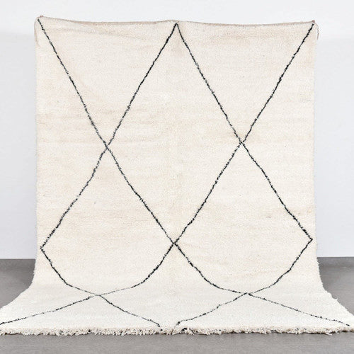 Classic Beni Ourain tribal rug handmade in Morocco knot weaved featuring black and White diamond pattern 