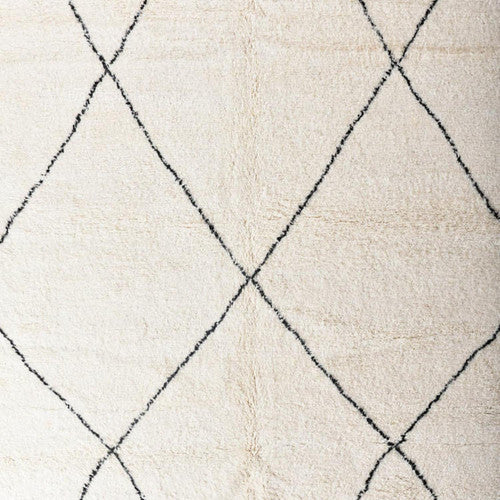 Classic Beni Ourain tribal rug handmade in Morocco knot weaved featuring black and White diamond pattern 