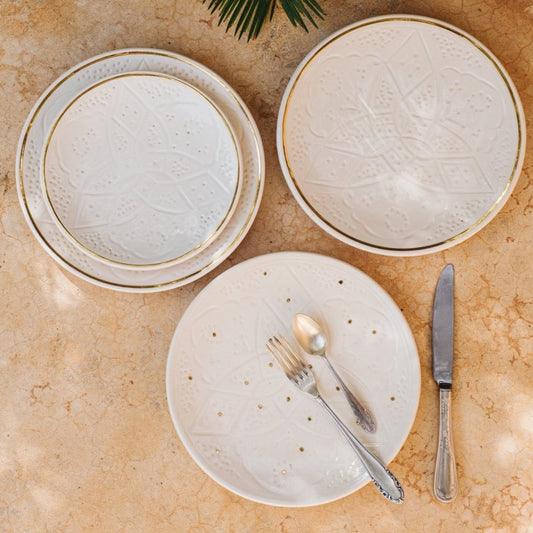 Large ceramic dinner & salad plate, white color, engraved by hand with traditional Moroccan designs and 12 carat gold, Diameter 26cm, handmade in Morocco, ELSINIYA