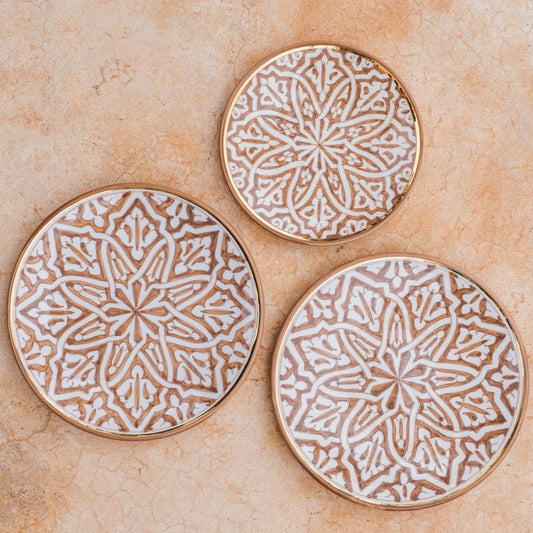 Ceramic dinner & salad plate, hand painted in sand gold color with traditional Moroccan fassia designs, Diameter 20cm, handmade in Morocco, ELSINIYA