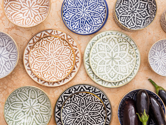 Large ceramic dinner & salad plates, hand painted with traditional Moroccan fassia designs, handmade in Morocco, ELSINIYA