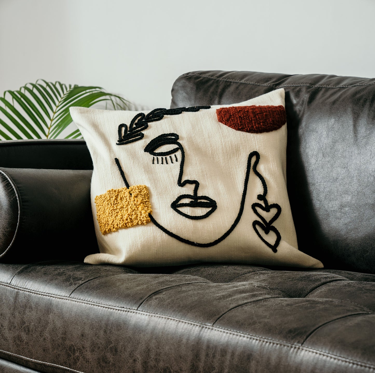 Hand loomed decorative accent pillow, embroidered abstract face design, 100% cotton with embroidered wool, handmade in Morocco, ELSINIYA