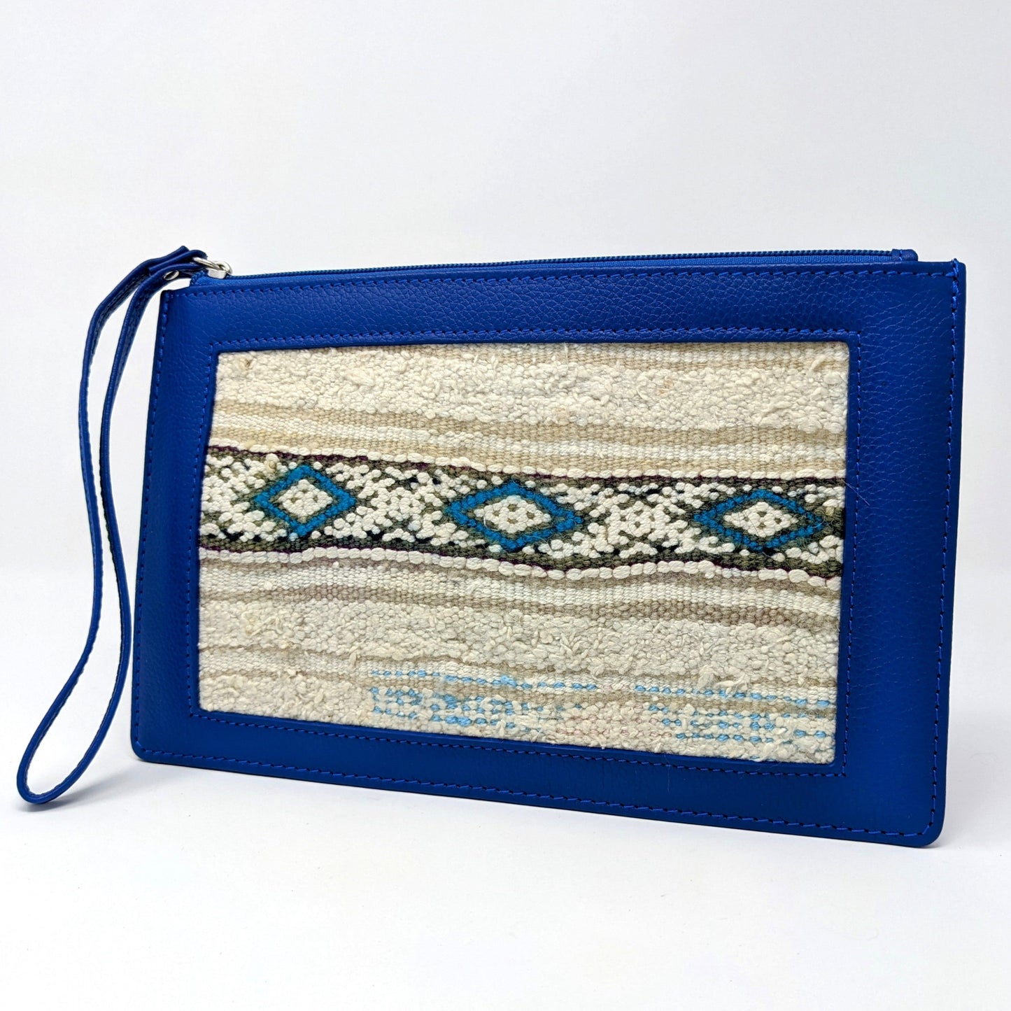 ELSINIYA: Premium Leather Clutch Bag with kilim panel. Blue