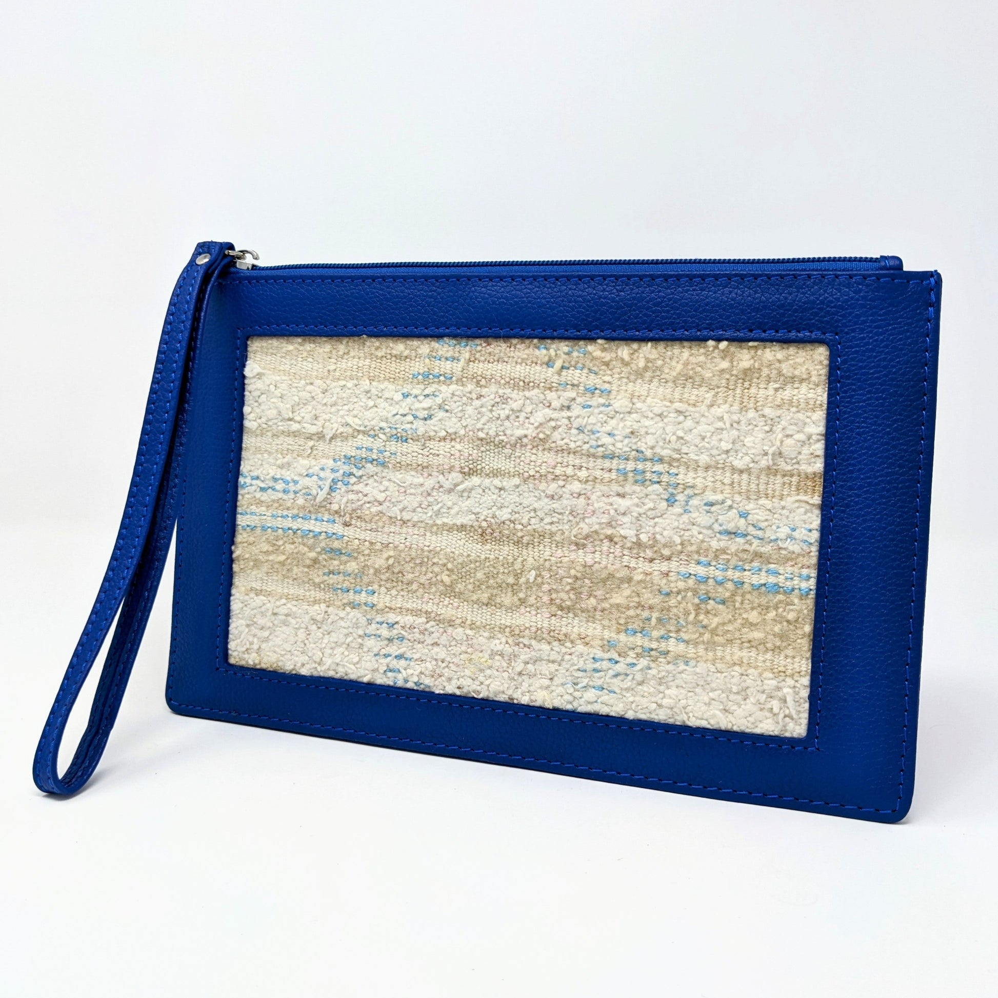 ELSINIYA: Premium Leather Clutch Bag with kilim panel. Blue