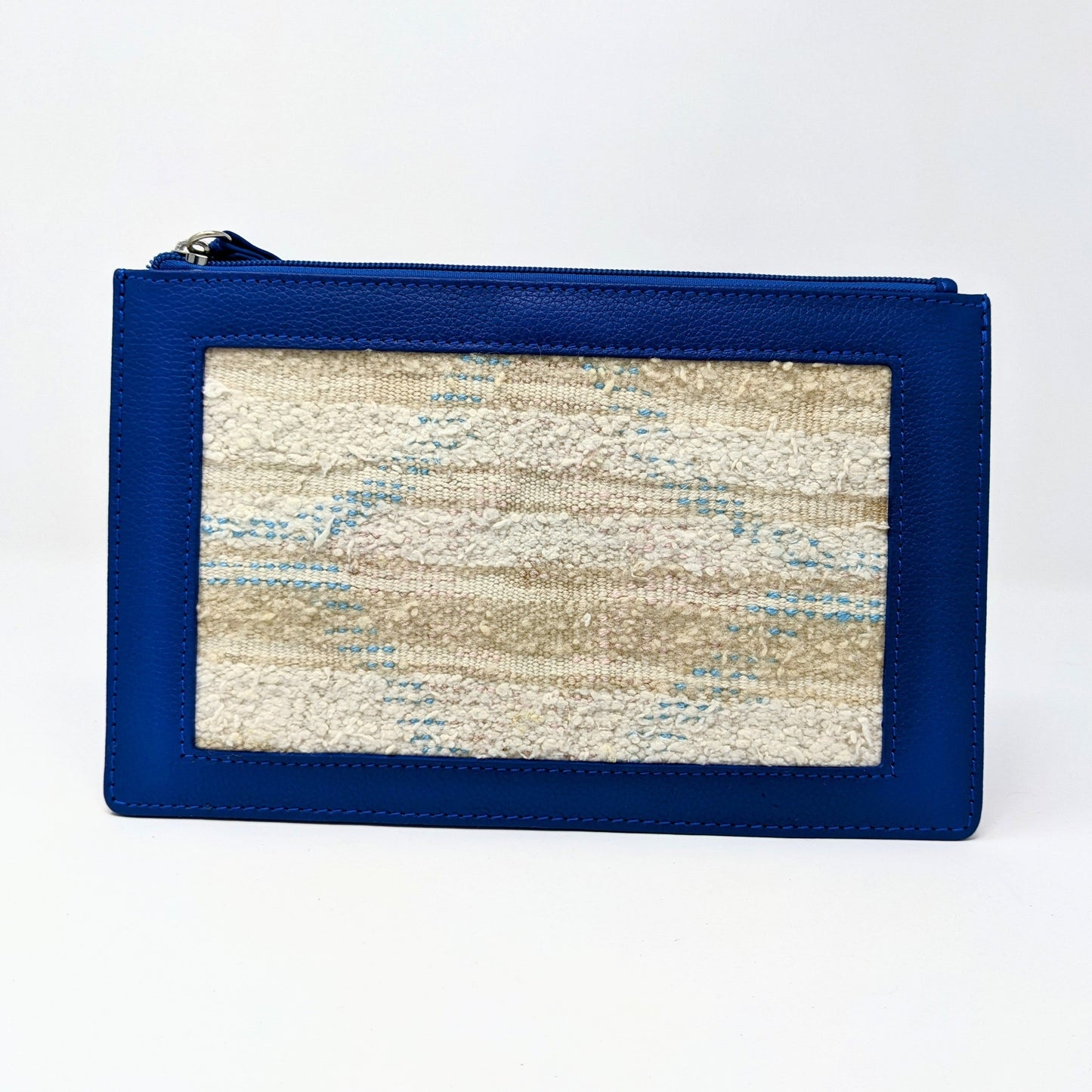 ELSINIYA: Premium Leather Clutch Bag with kilim panel. Blue