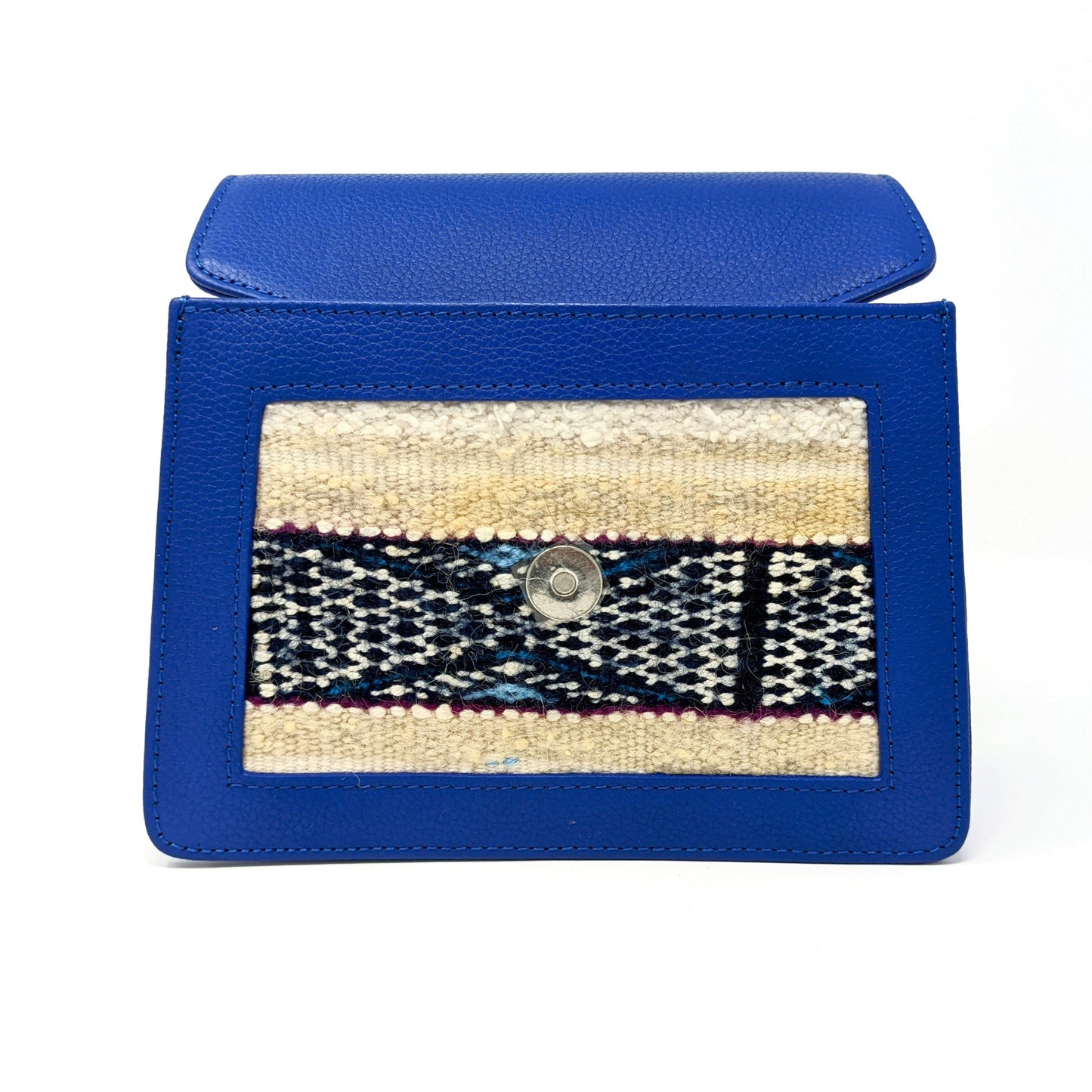 ELSINIYA: Premium Leather Crossback, Majorelle Blue, Front handloomed kilim panel