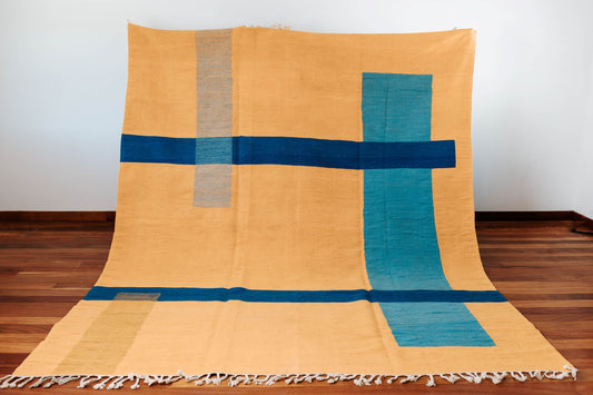 kilim rung hand-loomed in Morocco, flat weaved, featuring mixed colours and abstract geometric designs 