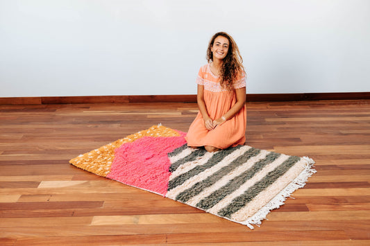 Fluffy rug, handmade in Morocco, knot weaved featuring witty design and playful vibrant colours, soft and fluffy texture.