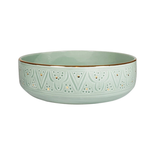 Large serving bowl with straight edges for salads, pasta, soups, rice, Sage green colour, engraved by hand with traditional Moroccan designs and 12 carat gold, Diameter 24cm Height 7cm, handmade in Morocco, ELSINIYA