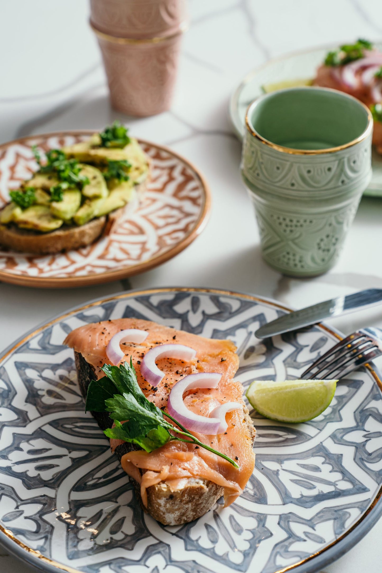 Ceramic dinnerware, hand painted with traditional Moroccan fassia designs, handmade in Morocco, ELSINIYA