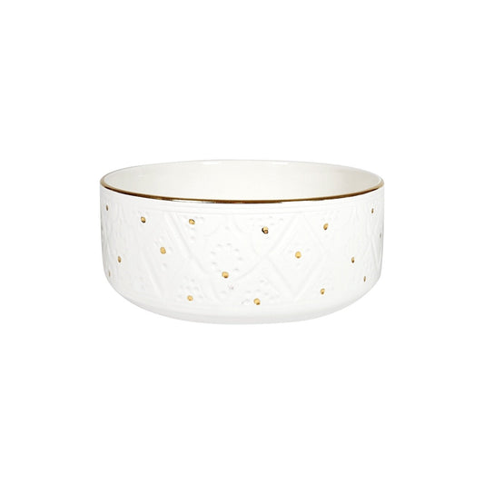 Medium serving bowl with straight edges for salads, pasta, soups, rice, White colour, engraved by hand with traditional Moroccan designs and 12 carat gold, Diameter 18cm Height 7cm, handmade in Morocco, ELSINIYA