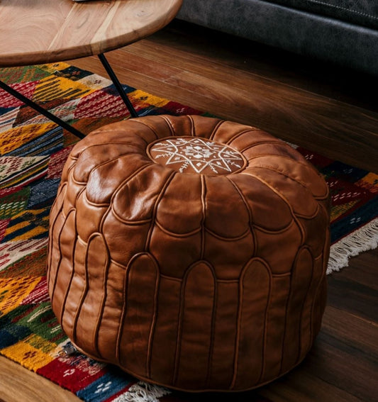 Moroccan Tan Leather Pouf