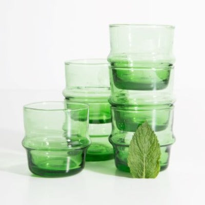 Mini glass cups, green colour, capacity of 9 cl, handmade in Morocco, ELSINIYA