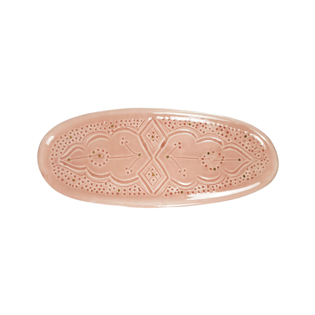 Oval Ceramic serving platter, Light pink color, engraved by hand with traditional Moroccan designs and 12 carat gold, width 12cm Length 31cm, handmade in Morocco, ELSINIYA