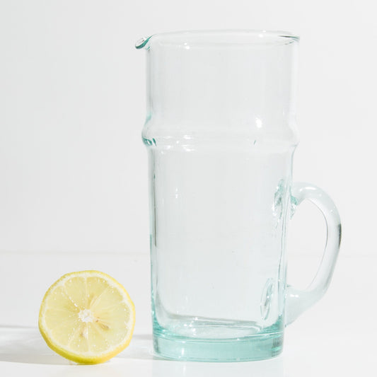 Glass pitcher for water, juices, Iced tea... Clear colour, capacity of 110cl,  Traditional Beldi Moroccan glass design, handmade in Morocco, ELSINIYA
